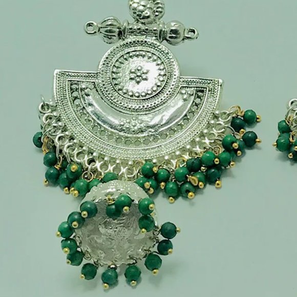 Massive Dangle Earrings, Oxidized Silver Indian Earrings, Handmade Silver Tone - Picture 4 of 6